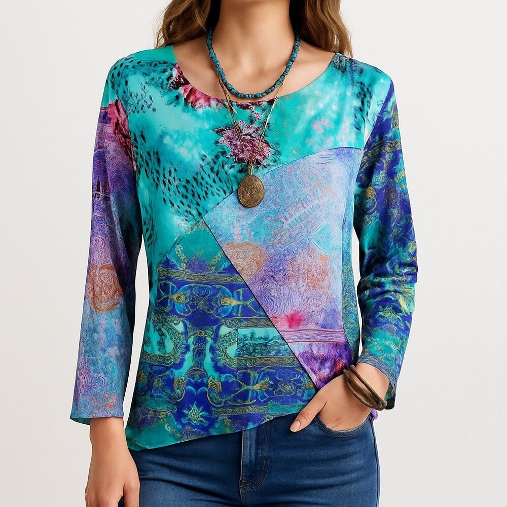 Jessica Max‎ Womens XL Blouse Patchwork Print Long Sleeve Boho Festival Artsy